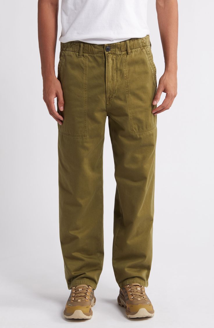 Traditionally rugged workwear gets a refined upgrade with streamlined utility pants cut from Japanese cotton twill in a straight-leg silhouette. 29" inseam; 17" leg opening; 12" front rise; 16" back rise (size 32) Zip fly with button closure Front patch pockets 100% cotton Machine wash, tumble dry Made in the USA of imported fabric Olive Straight Leg Pants With Side Pockets, Green Straight Leg Work Pants With Welt Pockets, Utility Style Full Length Work Pants, Utility Work Pants With Cargo Style Straight Leg, Utility Khaki Chinos For Workwear, Green Tapered Leg Work Pants With Patch Pockets, Workwear Pants With Patch Pockets And Straight Shape, Green Work Pants With Patch Pockets And Tapered Leg, Olive Wide Leg Cargo Pants For Work