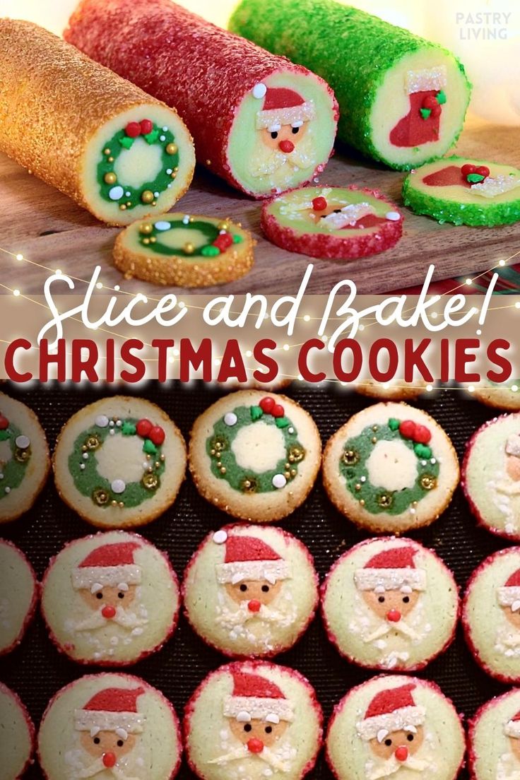 christmas cookies are decorated with santa's face and wreaths on them, along with the words slice and bake christmas cookies