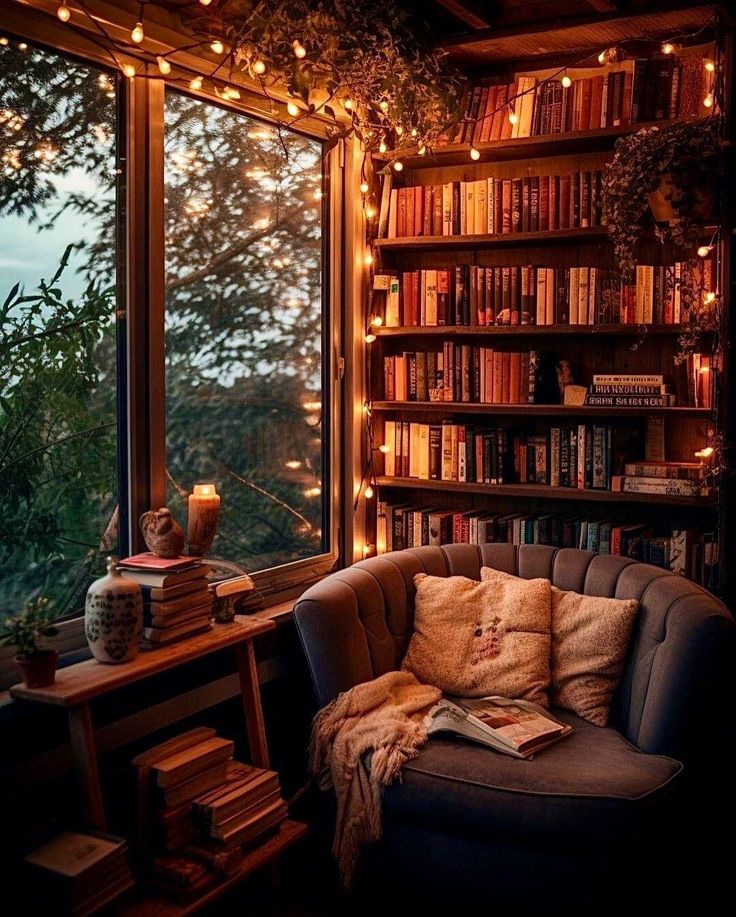 a couch in front of a window with bookshelves and lights on the windowsill