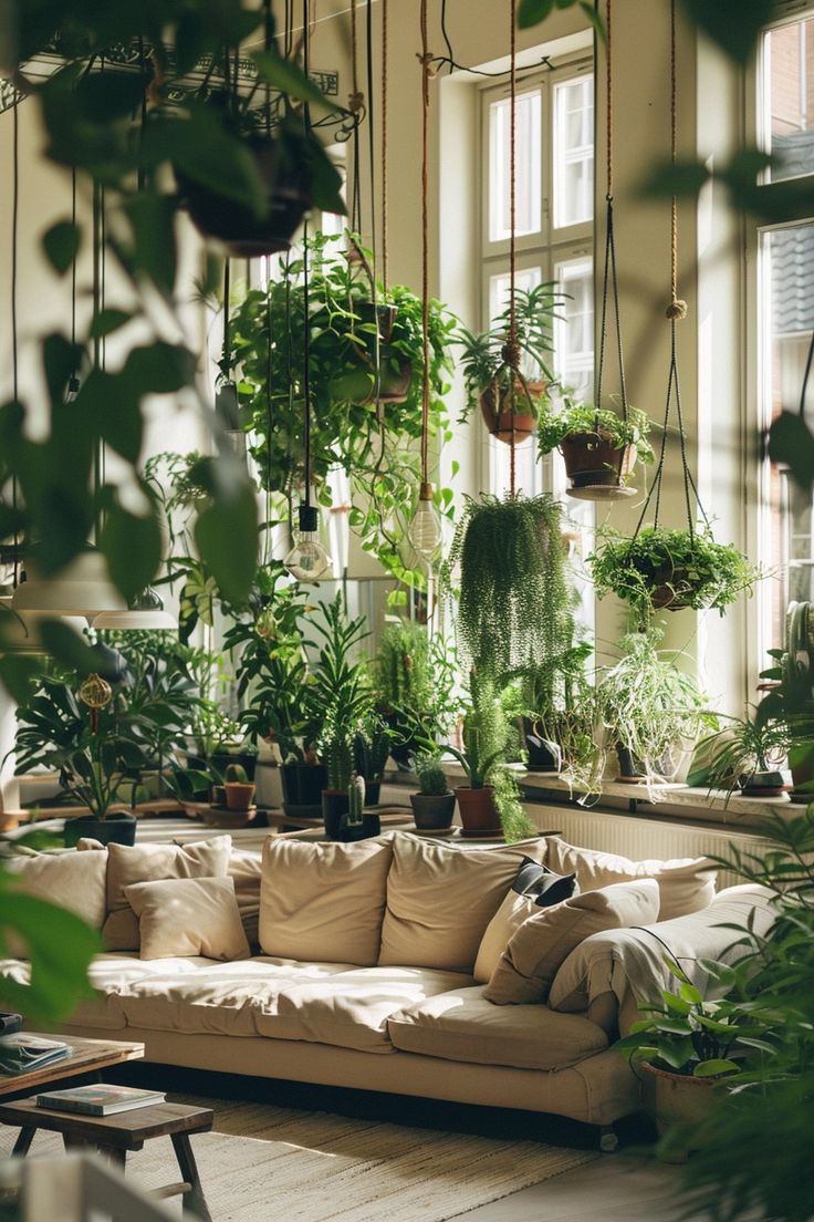 a living room filled with lots of plants and potted plants hanging from the ceiling