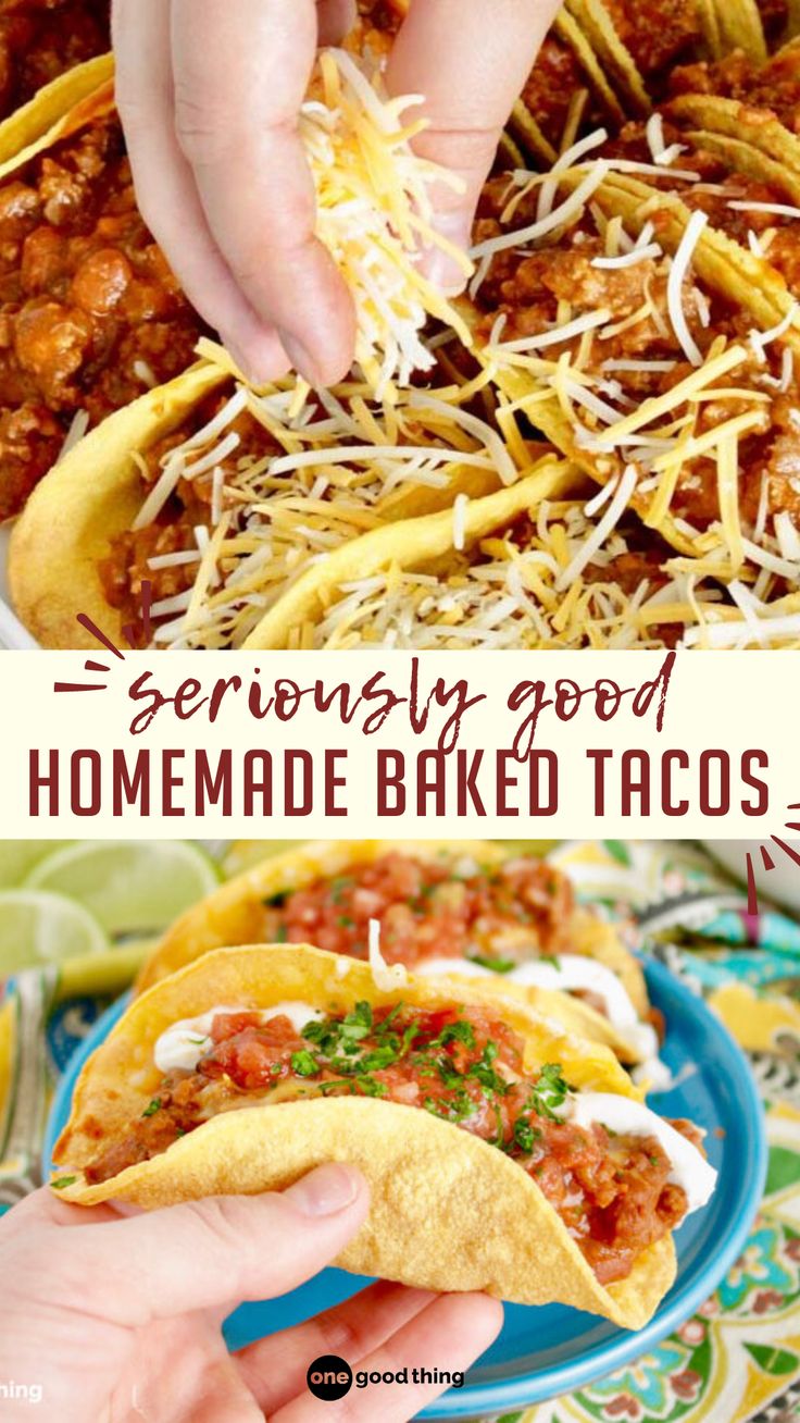 two pictures showing how to make homemade baked tacos with ground beef and cheese on top