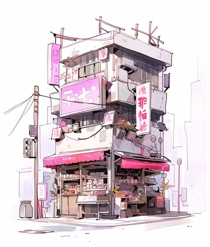 a drawing of a tall building with lots of boxes stacked on it's top