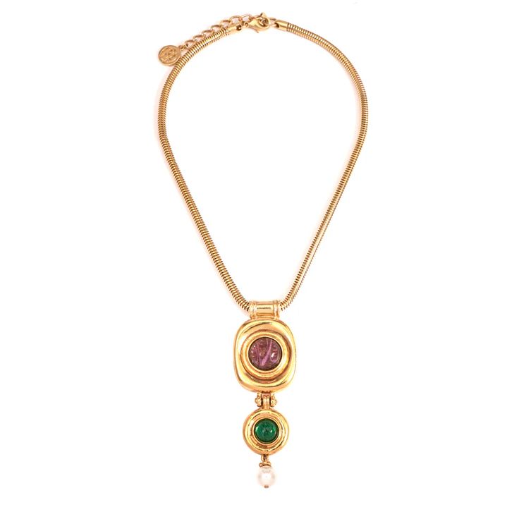 Finian Green + Purple Pendant Necklace | Ben-Amun Jewelry Maximalist Jewelry, Purple Pendant Necklace, Indie Jewelry, Luxe Jewelry, Luxury Necklace, Ancient Jewelry, Funky Jewelry, Brass Necklace, 24kt Gold