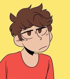 a man with glasses and a red shirt is looking at something in the distance while he's frowning