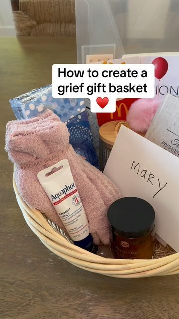 a basket filled with personal care items on top of a wooden table next to a sign