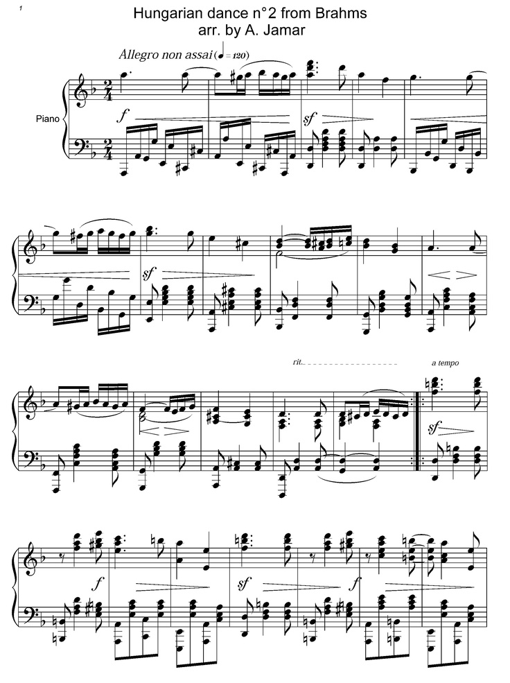 sheet music for the hungarian dance 2 from brahms