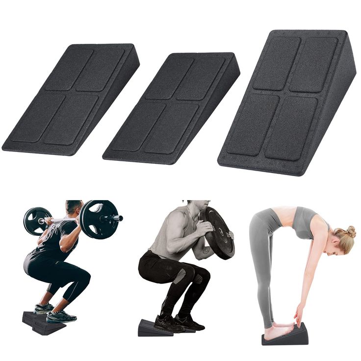 three different types of knee pads and one woman doing squat exercises with dumbbells