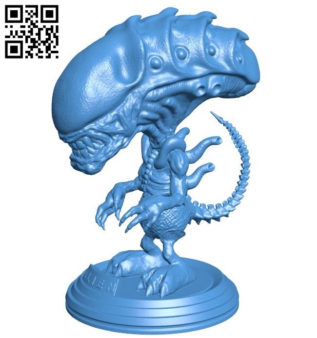 a blue alien figurine on a white background with qr code in the background