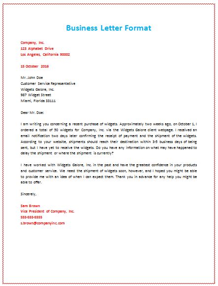 a business letter format is shown in red and blue, with the words'business letter format