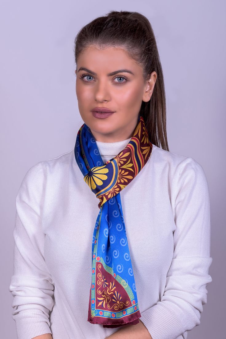 A blue silk scarf that is made from pure silk in Soufli, Greece by Kalfas. We design beautiful silk scarves. Creating with passion excellent quality silk scarves. Ancient Greece is our inspiration! Here are our Product details: Fabric : Crepe Satin 16m/m Dimension : 47cm x170cm Weight : 57gr Print : Digital Finished : by hand * Gift box included Our silk products are handmade and printed. These scarves for women are 100% Pure Silk Woman Handmade Printed Scarf. We design and create in our factory Elegant Blue Satin Silk Scarf, Blue Satin Silk Scarf As Gift, Blue Satin Silk Scarf For Gift, Bohemian Blue Silk Scarf For Gift, Bohemian Blue Silk Scarf As Gift, Bohemian Blue Silk Scarf Gift, Blue Satin Scarves, Traditional Blue Scarf As Gift, Traditional Blue Silk Scarves