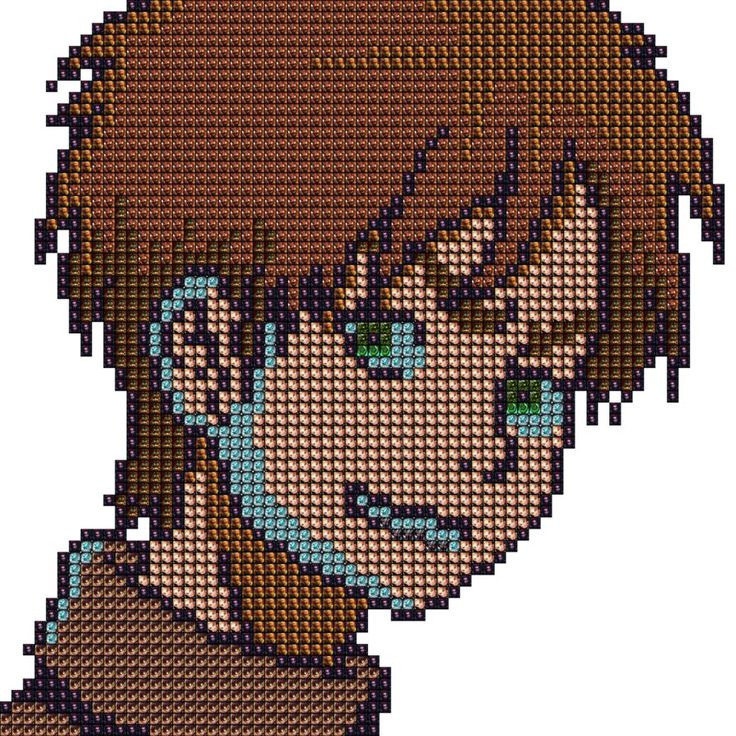 an pixellated avatar is shown in the form of a man's head, with green eyes and brown hair