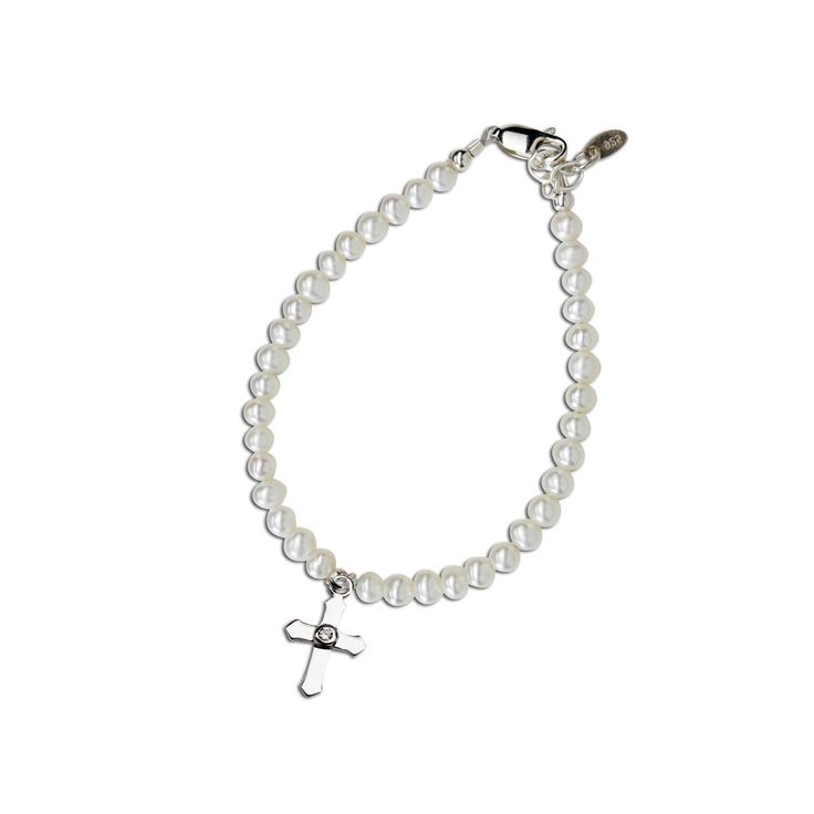 "This is a timeless keepsake bracelet designed and hand-beaded in the USA. This is made using only the finest materials such as 100% sterling silver components, freshwater pearl, and sparkling silver accents, and adorned with an intricate sterling silver cross charm. This comes boxed in a beautiful gift box and makes a special keepsake for her special day! (6 - 6.5\" with adjustable extension chain). FREE SHIPPING ON STANDARD ORDERS-ships in 1 business day" Silver Bracelet For Baptism Mother's Day, Adjustable Pearl Bracelet With Charm For First Communion, Cross-shaped Beaded Jewelry For First Communion, Nickel-free Silver Rosary Bracelet Gift, Heart Cross Necklace, Bracelet With Pearls, Silver Cross Bracelet, Custom Engraved Bracelet, Silver Cross-shaped Rosary Bracelet With 8mm Beads