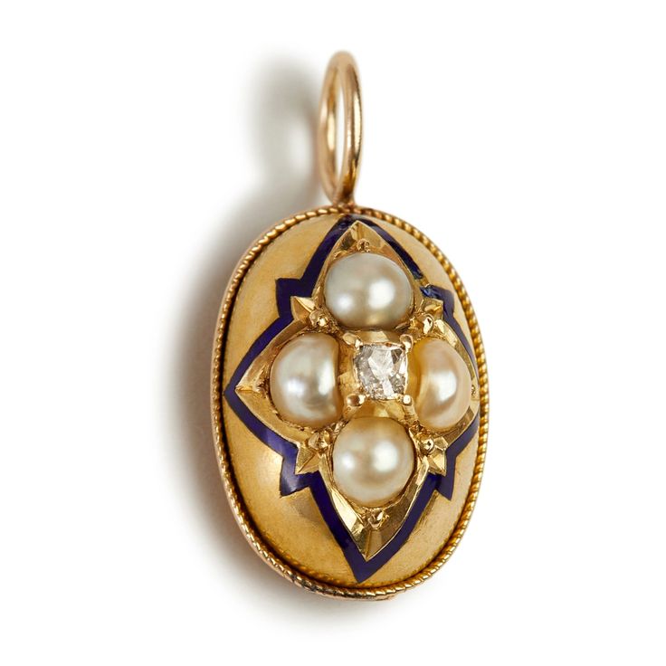 A perfect example of Victorian craftsmanship.  This charming elongated oval pendant started its life as a stick pin.   Beautiful mounded shape with a cobalt blue enamel star at the border and set with 4 creamy white seed pearls and a rose cut diamond at its center.  I've added a modern polished 14KT handmade back to make it comfortable to wear and an oval handmade bale to allow it to go through many different width chains.  Small in scale at 17mm in height by 9 mm wide. Perfect on its own around the neck or worn with other chains and pendants.  2.5 grams 14 KT.  Not marked but tested.  English in origin.  Chain may be purchased separately. Classic Oval Enamel Jewelry, Antique Oval Pearl Pendant Jewelry, Elegant Enamel Jewelry With Cabochon, Elegant Oval Enamel Jewelry, Formal Enamel Oval Pendant Jewelry, Oval Enamel Jewelry For Wedding, Oval Enamel Wedding Jewelry, Elongated Oval, Stick Pins