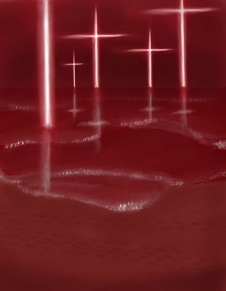 four crosses are shown in the middle of a red background with water and sand around them