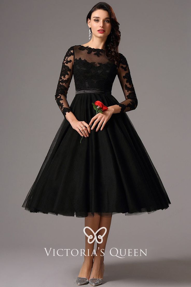 This elegant long sleeve tea-length cocktail dress comes in black, also suitable for evening parties! Floral lace appliqued on the top and sheer fabrics form an illusion neckline. An inbuilt cummerbund defines the waist. Black Tea Length Dress, Tea Length Cocktail Dresses, Puffy Tulle Skirt, Rok Tutu, Black Prom Dress Short, Tea Length Skirt, Cocktail Evening Dresses, Prom Dresses With Sleeves, Black Wedding Dresses