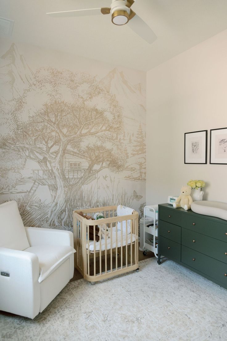 a baby's room with a white crib and green dresser