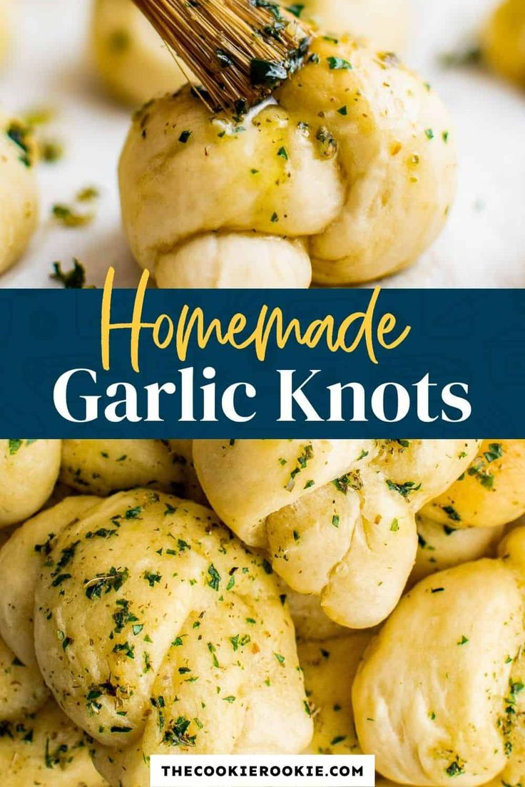 homemade garlic knots on a plate with a brush