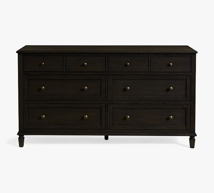 a black dresser with gold knobs on the top and bottom drawers, against a white background