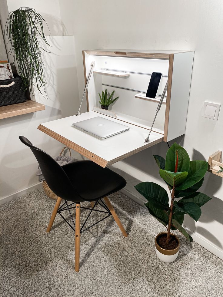 an open laptop computer sitting on top of a desk next to a potted plant