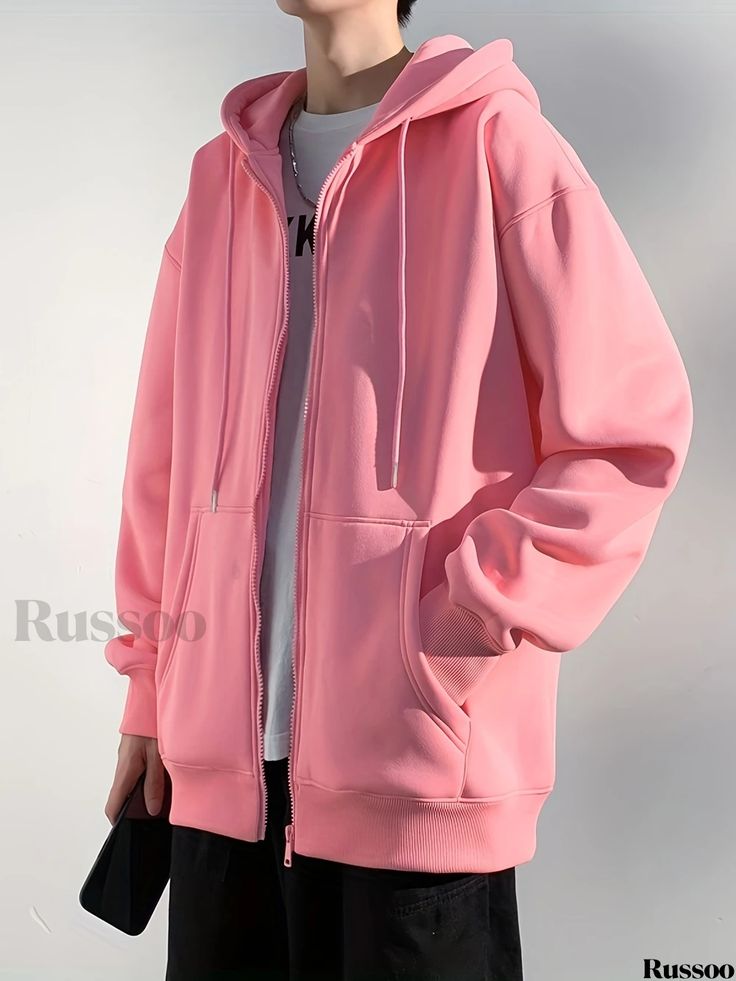 Russoo - Mens Zippered Hooded Jacket: Casual Long Sleeve Hoodies for Gym and Sports, Ideal for Spring and Fall Wear Spring Hooded Sweatshirt With Pockets, Spring Fleece Hoodie With Pockets, Casual Fleece Hooded Windbreaker, Spring Hooded Hoodie For Outdoor, Pink Fleece Hooded Jacket For Fall, Spring Solid Hoodie With Pockets, Winter Sports Hoodie With Pockets, Hooded Fleece Jacket For Winter Sportswear, Hooded Windbreaker With Ribbed Cuffs For Spring