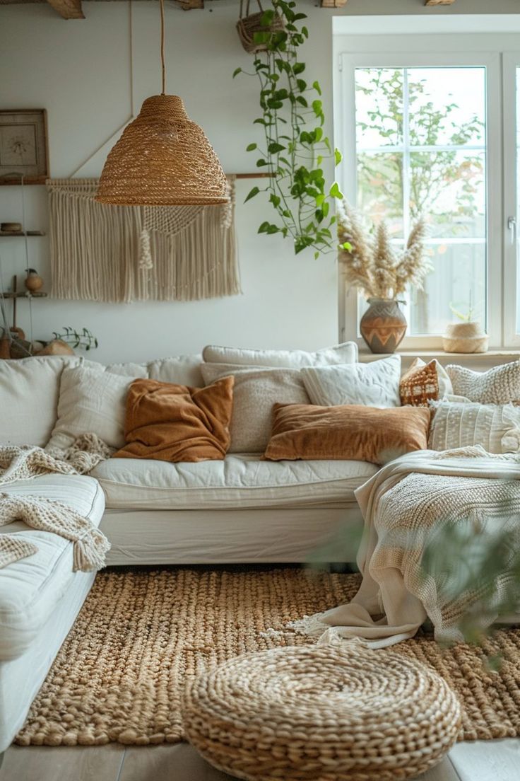 a living room filled with lots of white furniture and plants on top of windowsills