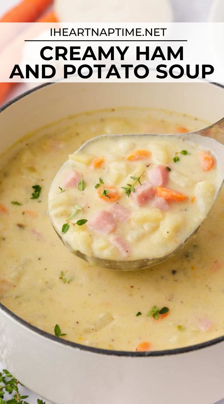 creamy ham and potato soup in a white bowl with a spoon