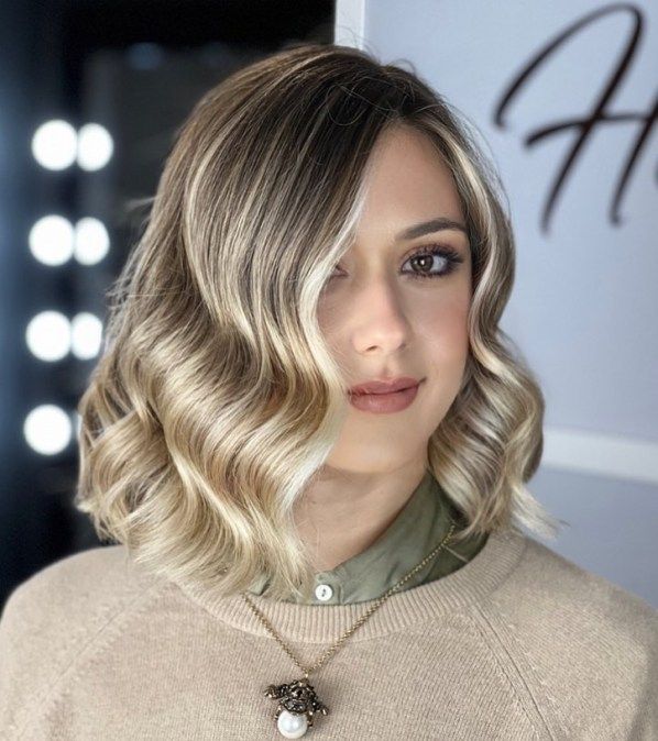 Asymmetrical Lob with Hollywood Waves Long Bob Hollywood Waves, Hollywood Waves Shoulder Length Hair, Wedding Waves Short Hair, Soft Hollywood Waves Short Hair, Mermaid Wave Short Hair, Hollywood Waves Bob Hair, Glam Curls Short Hair, Medium Length Waves Wedding, Short Hair Glam Waves