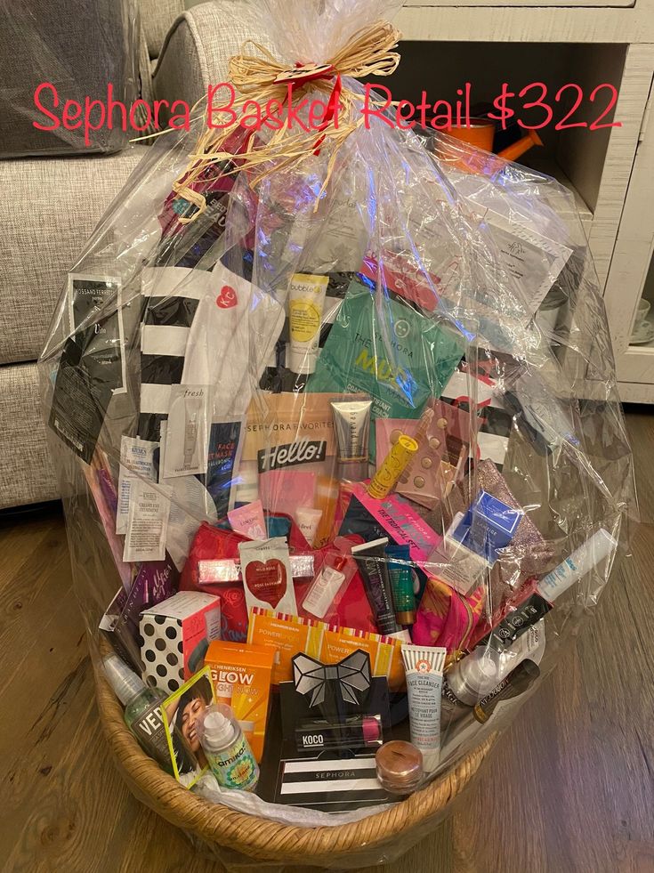 a basket filled with lots of items on top of a wooden floor