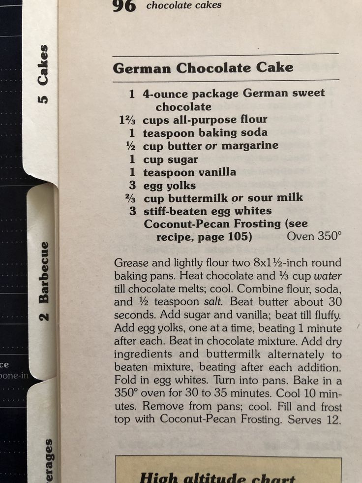 the recipe for german chocolate cake is shown in an old style book, with instructions on how to make it