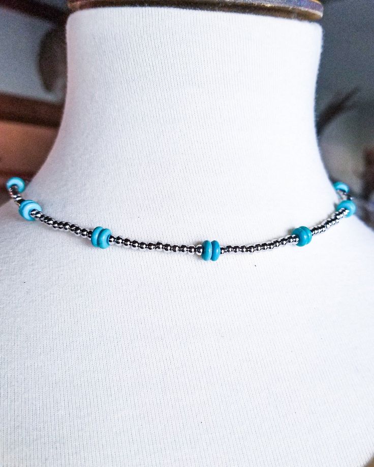 A little different from our usual chokers 😍 faux turquoise disks and ultra shiny silver beads in between. Comes with an extender and a lobster style clasp as well. Handmade with LOVE 💕 14" Adjustable Turquoise Beaded Necklace With Silver Beads, Adjustable Turquoise Beaded Necklaces Nickel Free, Adjustable Turquoise Necklace With Spacer Beads, Adjustable Blue Turquoise Necklace With Silver Beads, Adjustable Turquoise Necklace With Silver Beads As A Gift, Adjustable Silver Turquoise Necklace With Silver Beads, Adjustable Blue Turquoise Necklace With Spacer Beads, Adjustable Silver Beads Choker, Adjustable Turquoise Necklace With Tiny Beads