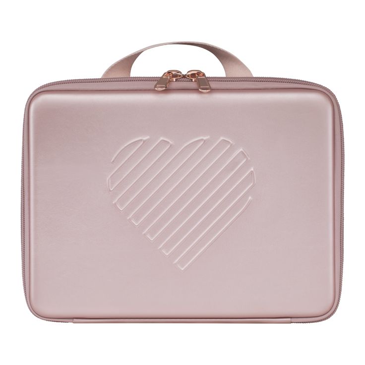 a pink suitcase with a heart on the front and two hearts in the middle, sitting against a white background