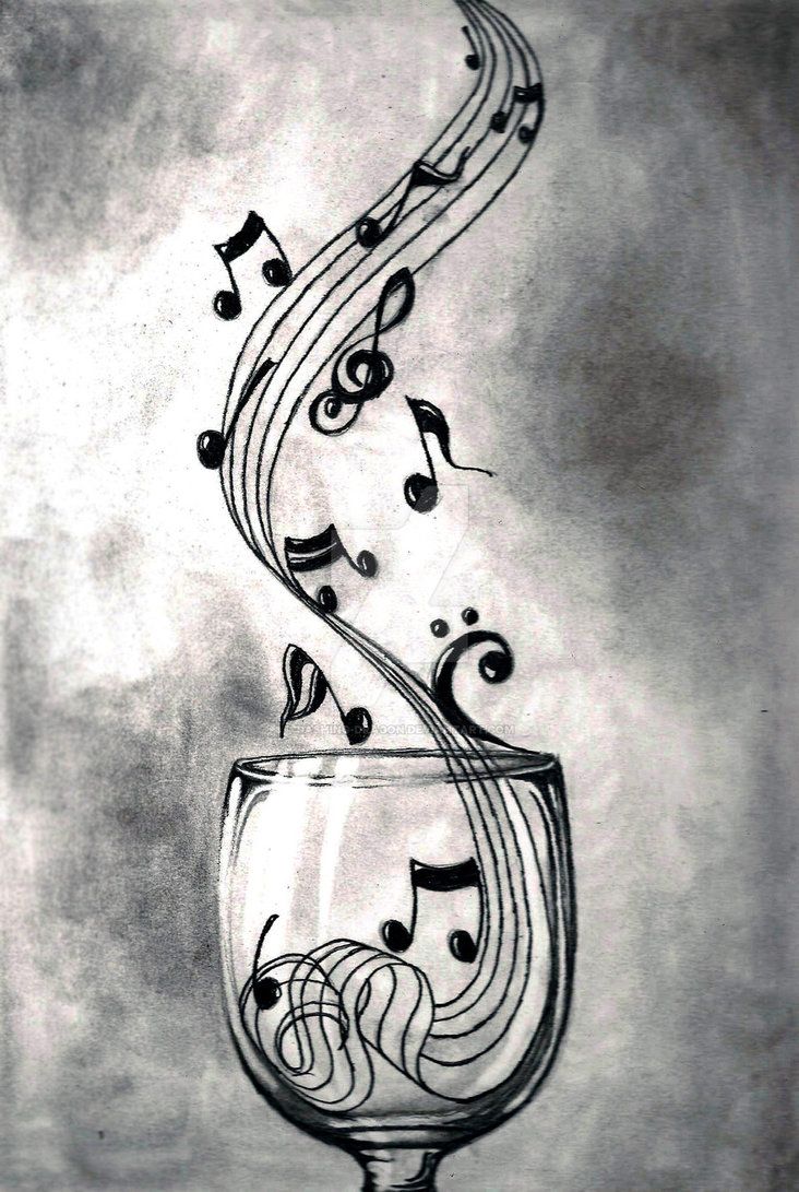 a drawing of a wine glass with musical notes coming out of the top and bottom