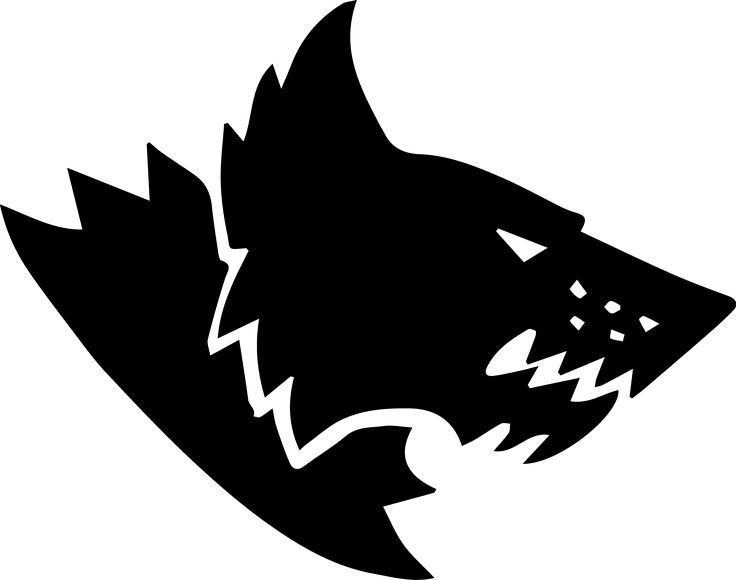 a black and white silhouette of a wolf's head with sharp fangs on it