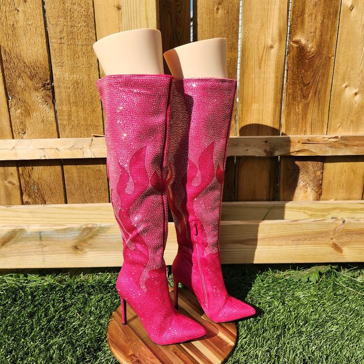 New, Never Worn Mata Shoes Hot Pink & Silver Rhinestone Flame Detail Over The Knee Thigh High Boots Fully Covered Body Rhinestone Boots With Flame Design Pointed Toe 4" (Approx) Stiletto Heels Pull On With Partial Side Zipper Total Height Including Heel Measures Approximately 24" Top Opening Measures Approximately 18" Calf Measures Approximately 15.5" Sexy As Heck!! Pink Fitted Boots For Party Season, Fitted Pink Boots For Party Season, Fitted Boots With Rhinestones For Party, Glamorous Fitted Boots With Rhinestones, Fitted Rhinestone Boots For Party Season, Glamorous Fitted Rhinestone Boots, Rhinestone Knee-high Boots For Party, Glamorous Knee-high Boots With Rhinestones, High Heel Knee-high Boots With Rhinestones For Party