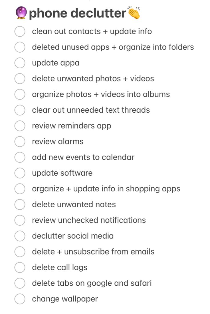 Deep Clean Phone Checklist, Phone Cleaning Checklist, Phone Cleanse List, Cleaning Out Your Phone, Things Ive Done Checklist, Iphone Declutter Checklist, Declutter Your Phone Checklist, Clean Out Phone List, How To Clean Your Phone Storage