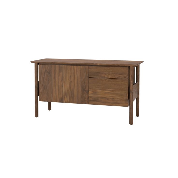 the sideboard is made from wood and has two drawers on each side, one door open