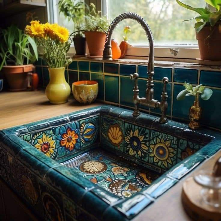 a sink in a kitchen with flowers on the counter and potted plants behind it