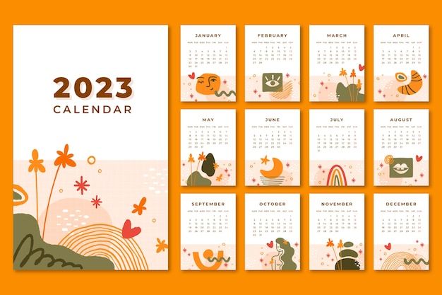 a calendar with cute animals and flowers on the front, in an orange color scheme