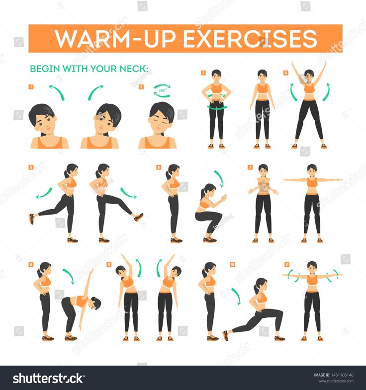 woman doing warm up exercises for her body and arms in various poses, with the instructions to