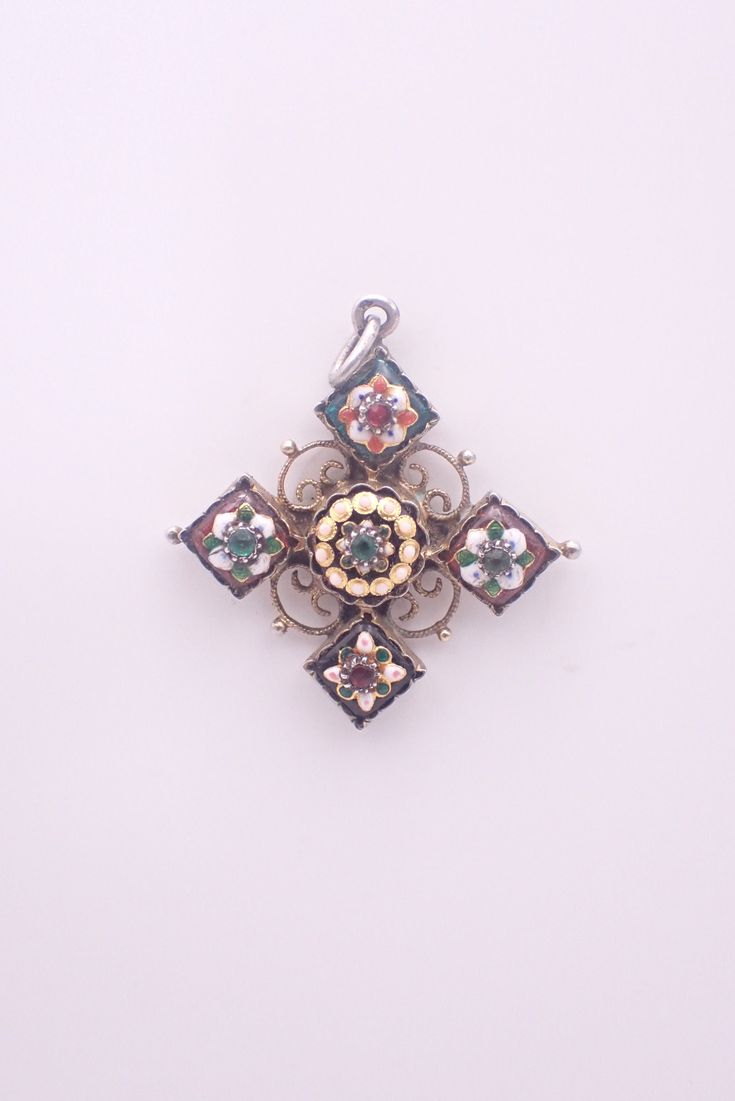 For sale, BRESSAN JEWELLED PENDANT An antique solid silver gilt handpainted enamel and jewel pendant charm. Beautiful vibrand colours with red and green jewells, red white and green enamel. The pendant is fully hallmarked to the top with french silver mark. The condition of the enamel is good , the gold/gilt ( vermail to the back is worn in places, some dirt or glue residue, please see photo. Size of pendant not including bezel :3.5cm x 2cm The company, Bressans, in the eastern French city of Bo Antique Enamel Locket Jewelry, Enamel Pendant Jewelry For Weddings, Enamel Pendant Wedding Jewelry, Enamel Pendant Jewelry For Wedding, Ornate Meenakari Pendant Jewelry, Victorian Enamel Locket Jewelry, Ornate Jeweled Pendant Jewelry, Victorian Enamel Pendant Jewelry, Antique Enamel Jewelry As Gift