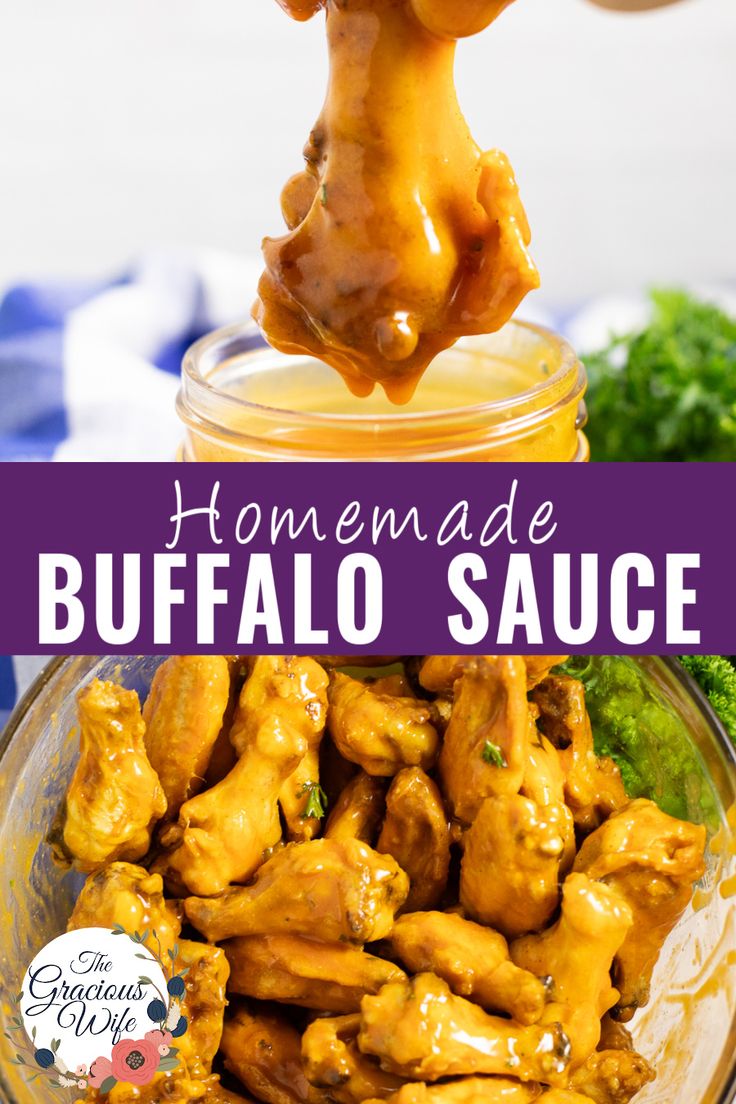 homemade buffalo sauce in a glass bowl with broccoli