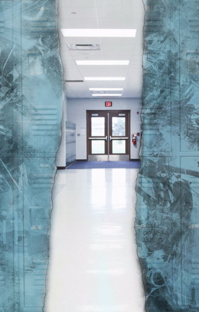 an open door in the middle of a room with blue and white paint on it