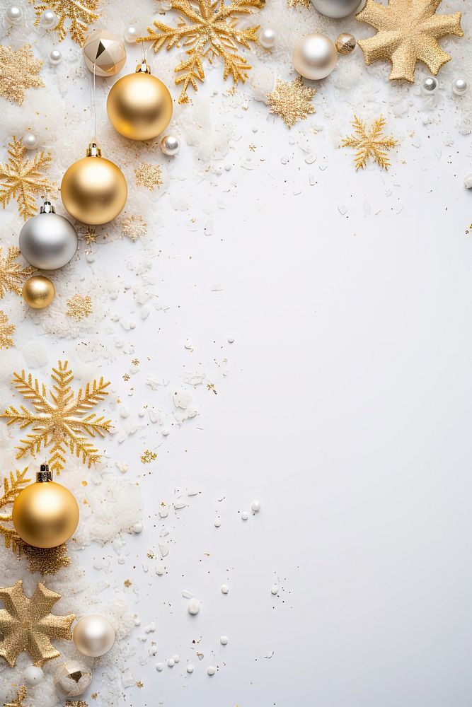 gold and silver ornaments on white snow with space for your text or image in the center