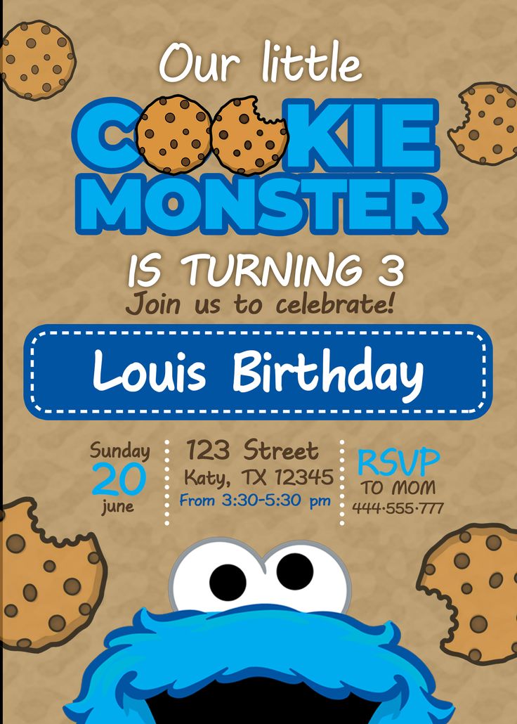 a cookie monster birthday party card with the words cookie monster is turning 3 on it