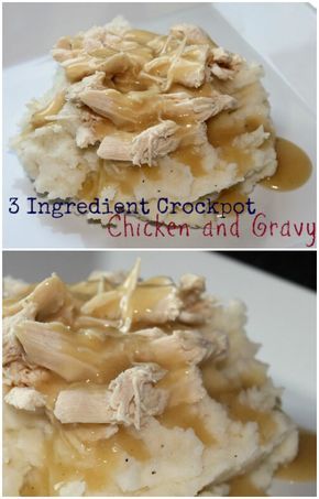 the three images show how to make chicken and gravy on mashed potatoes