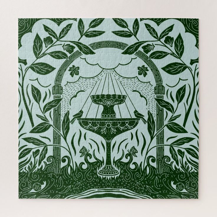 a green and white artwork piece with an image of a fountain in the middle of it