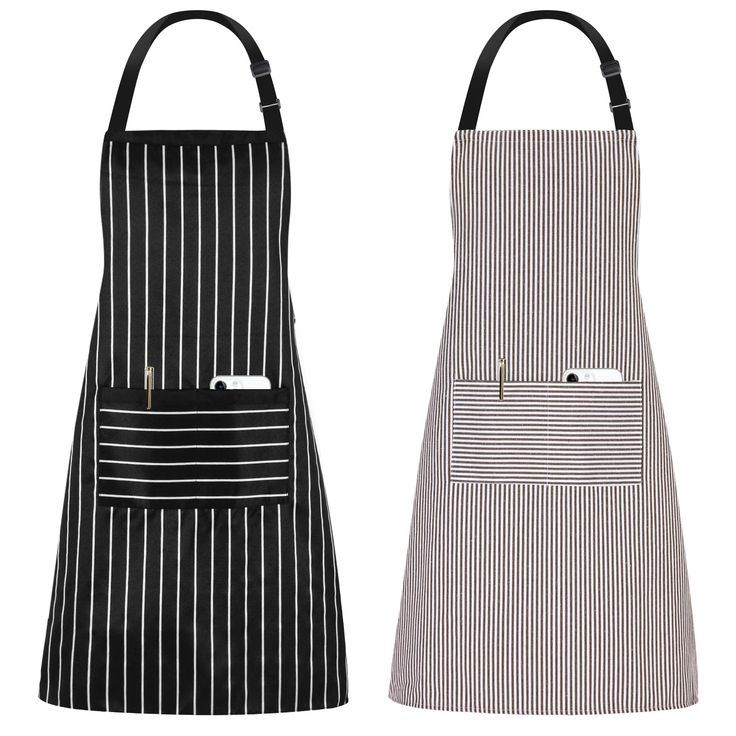 two aprons with black and white pinstripe on them, one has a pocket for