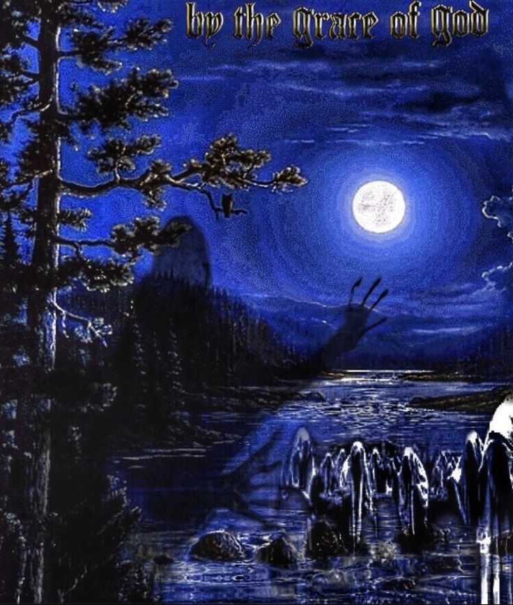 an image of a painting with the moon in the sky above water and people standing on rocks