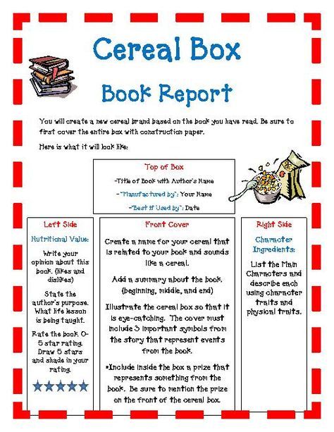 the cereal box book report is shown in red and white