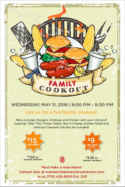 a flyer for a family cookout with an image of a hamburger and corn on the cob